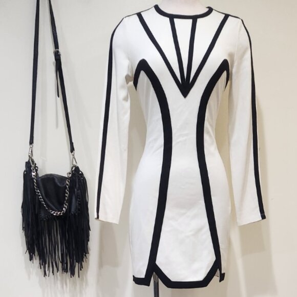 💥SHOWSTOPPER!💥Colorblock Bodycon Trimmed Mini Dress in Ivory & Black - Picture 11 of 16